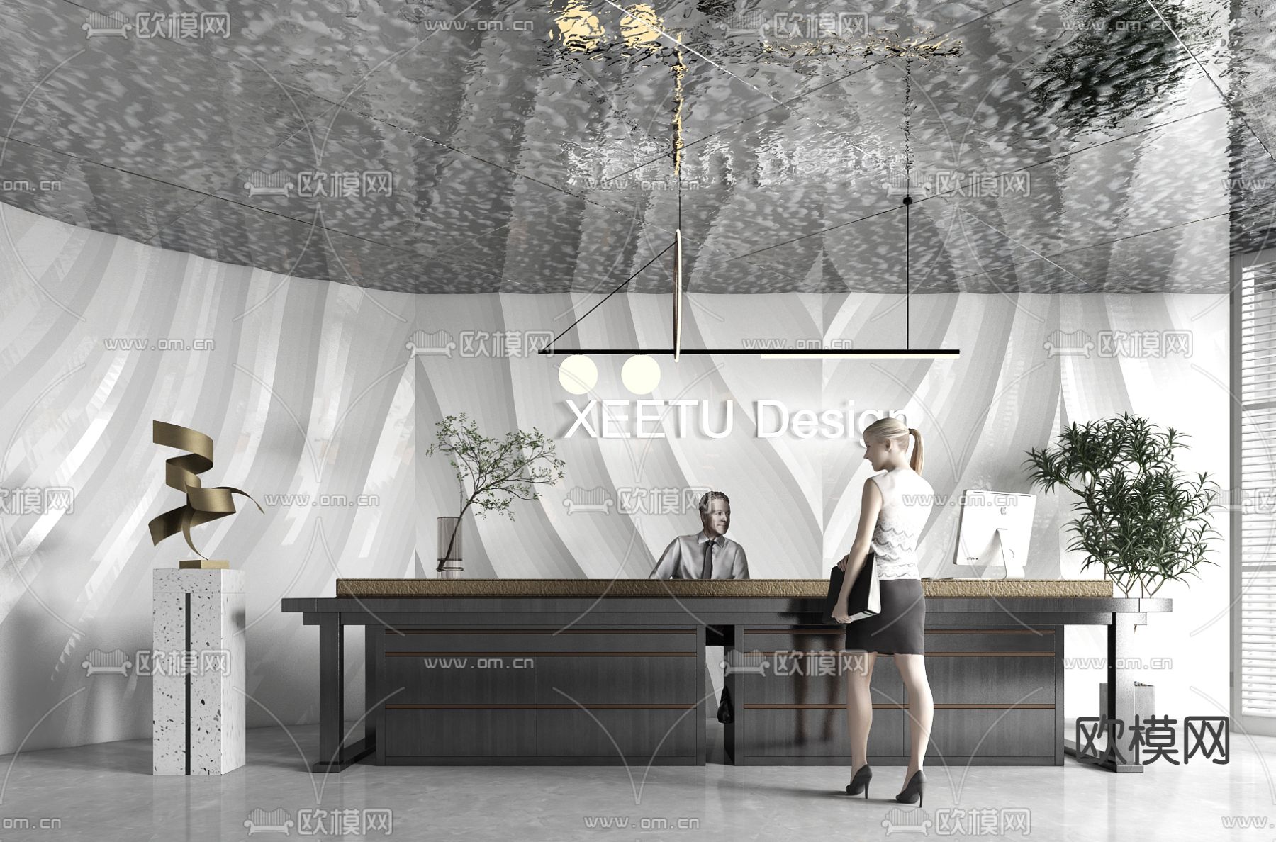 现代办公前台su模型下载（渲染图1）