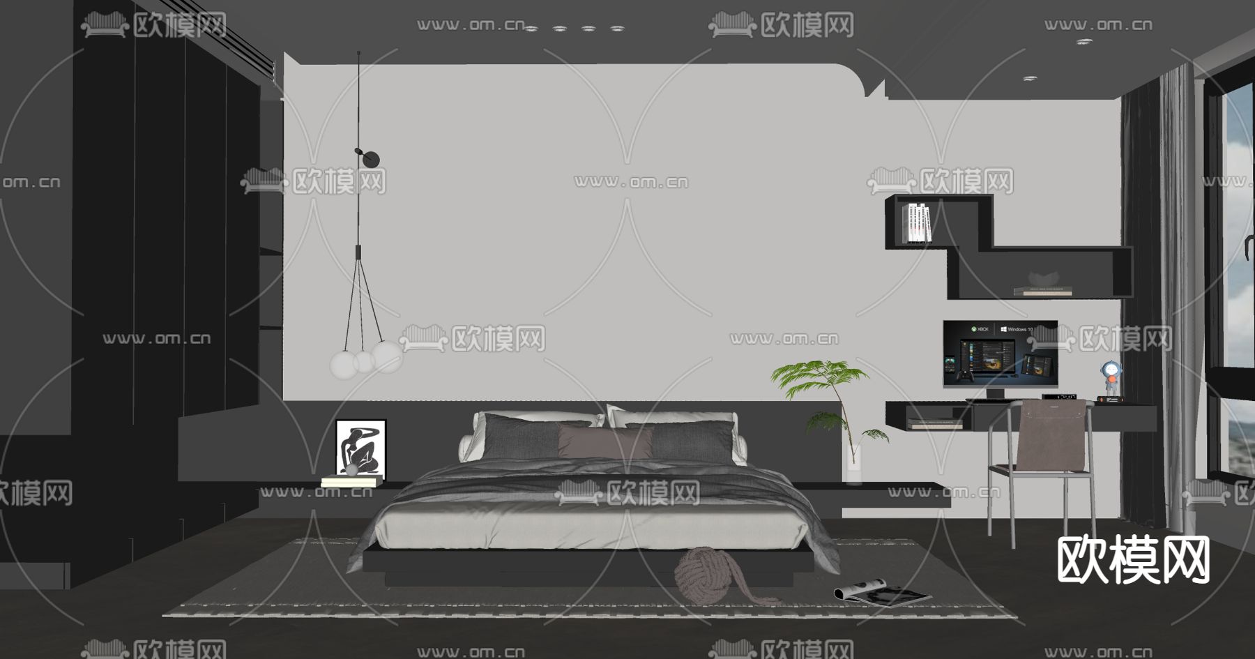 现代高级灰卧室su模型下载（渲染图2）