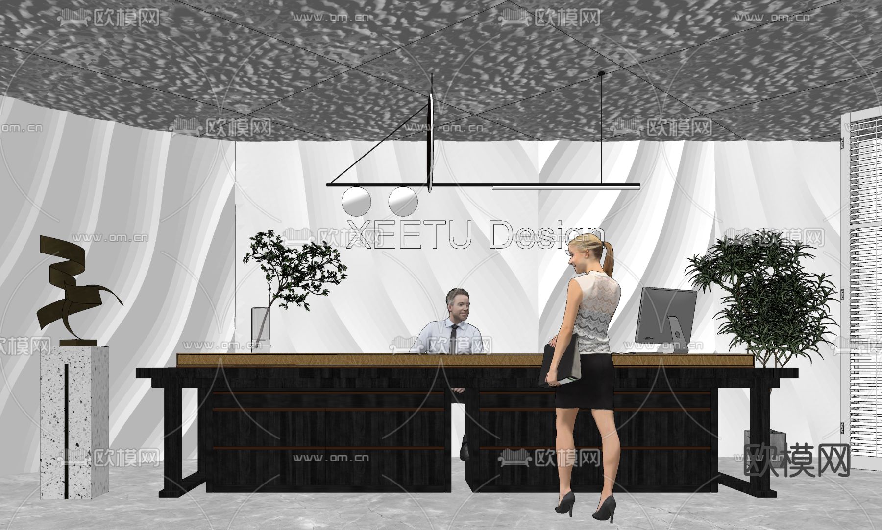 现代办公前台su模型下载（渲染图2）