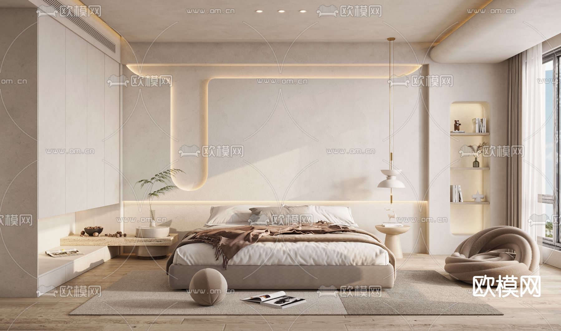 侘寂风卧室su模型下载（渲染图1）