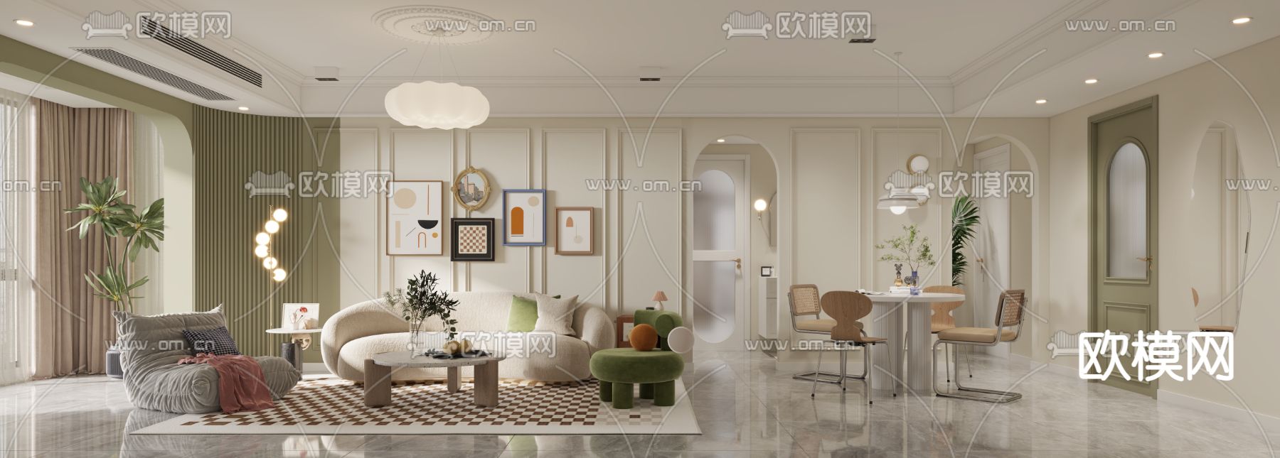 奶油风客餐厅3d模型下载（渲染图3）