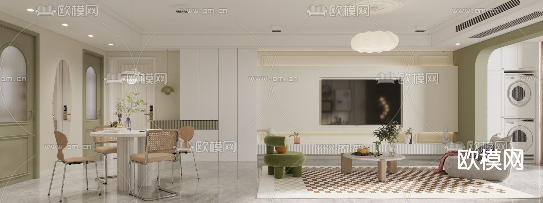 奶油风客餐厅3d模型下载（渲染图2）