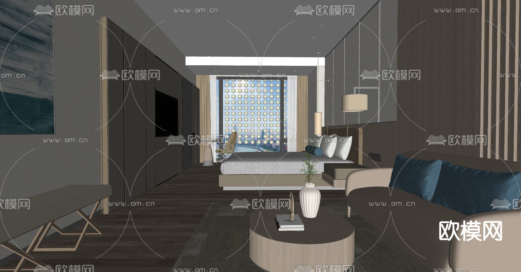 现代酒店客房su模型下载（渲染图2）