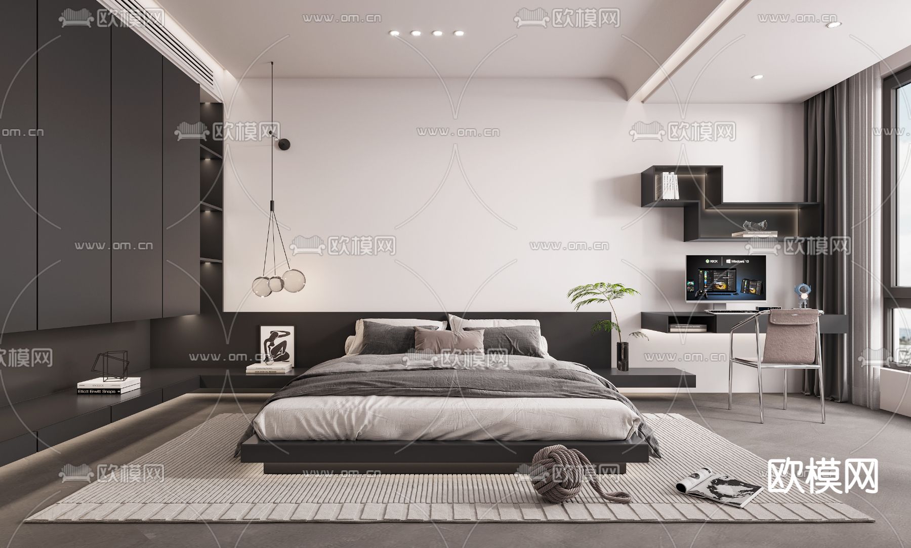现代高级灰卧室su模型下载（渲染图1）