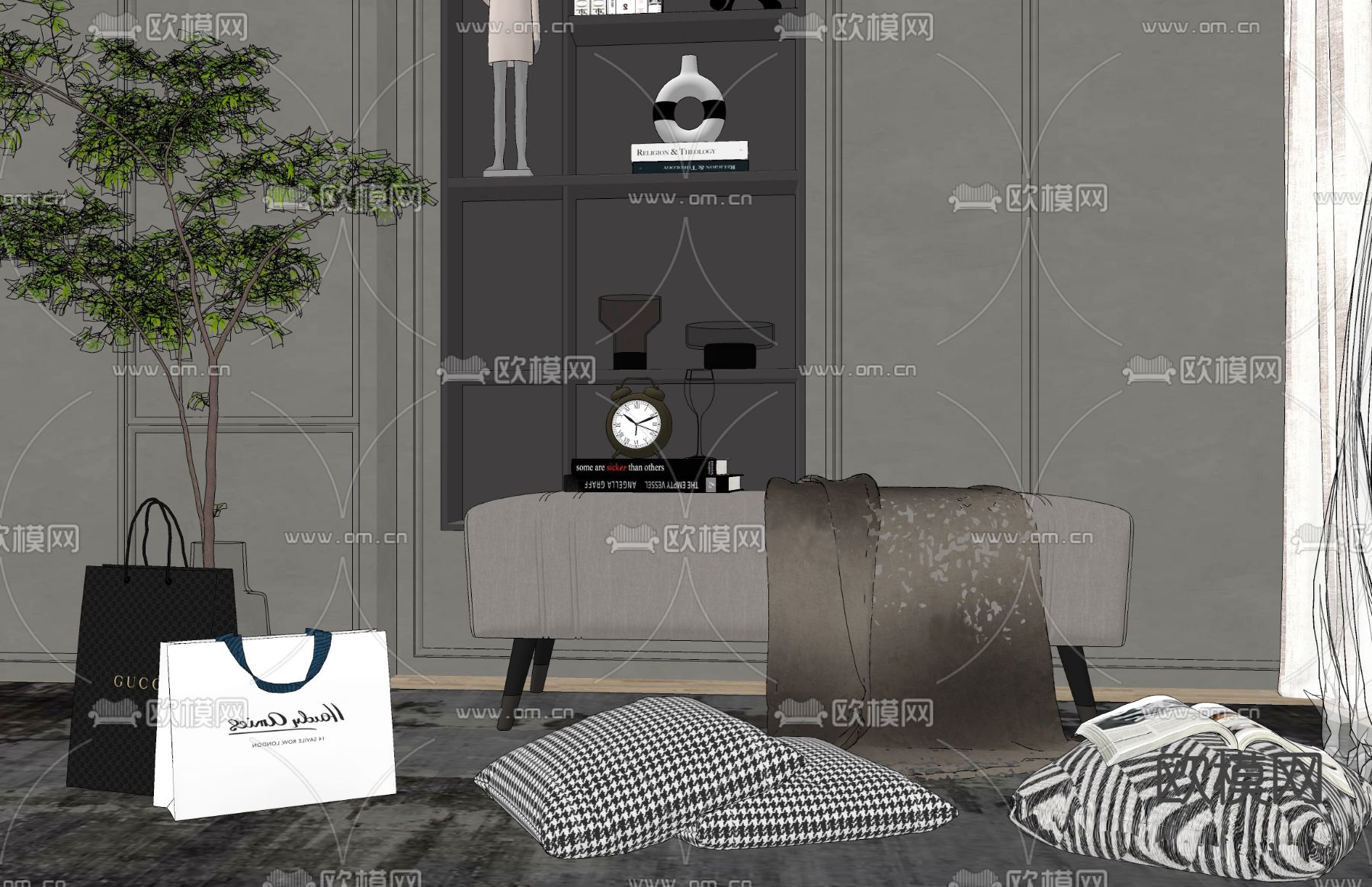 现代轻奢沙发凳床尾凳su模型下载（渲染图2）