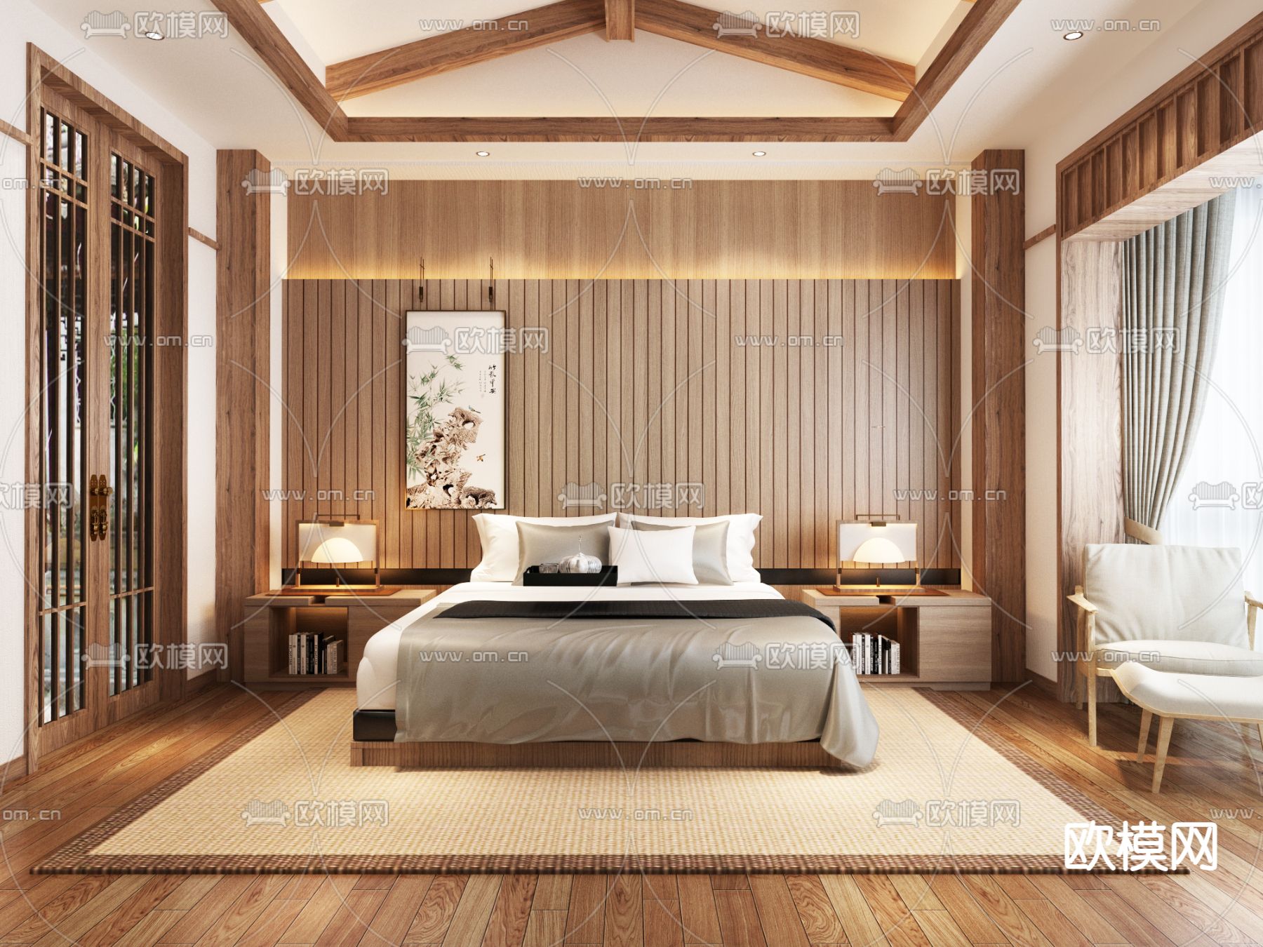 新中式酒店标准间客房3d模型下载