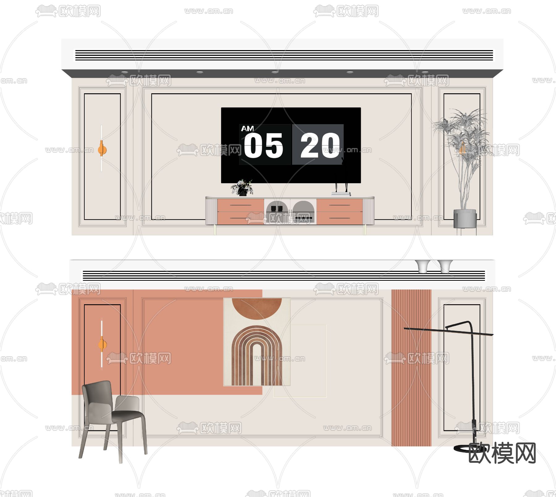 美式电视背景墙su模型下载（渲染图2）