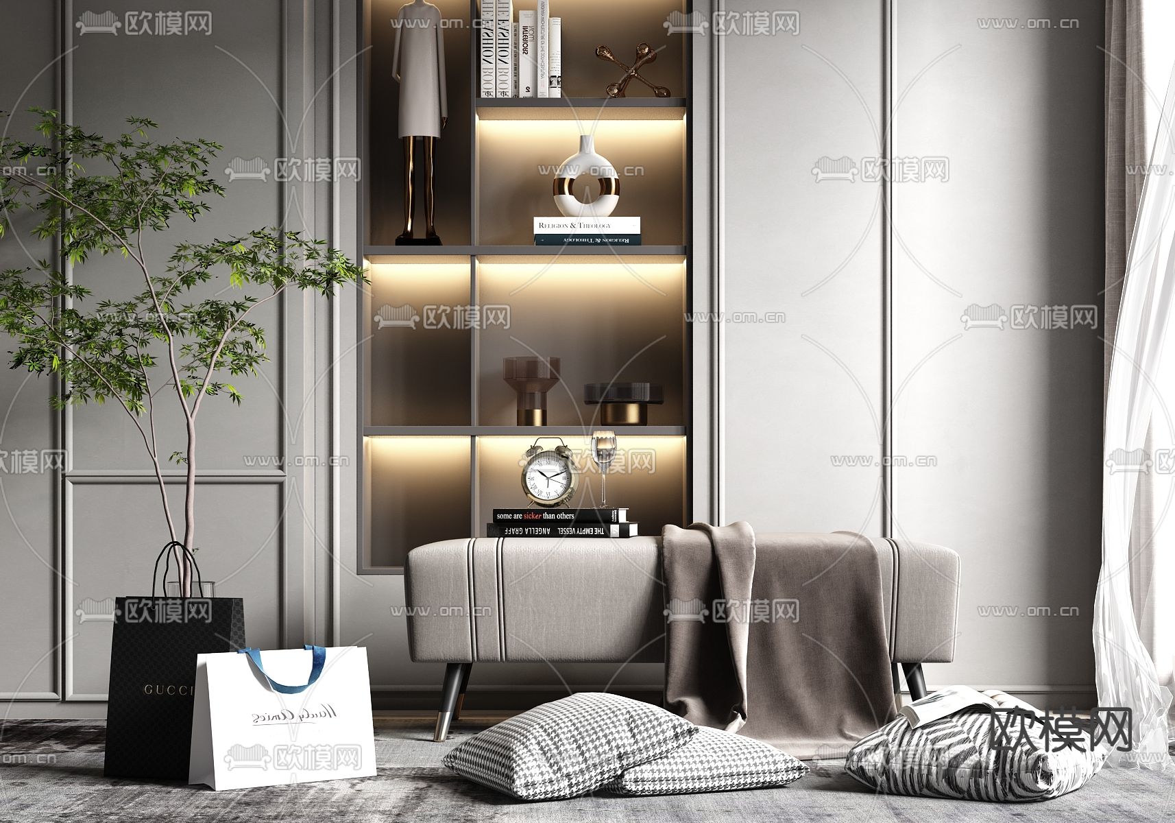 现代轻奢沙发凳床尾凳su模型下载（渲染图1）