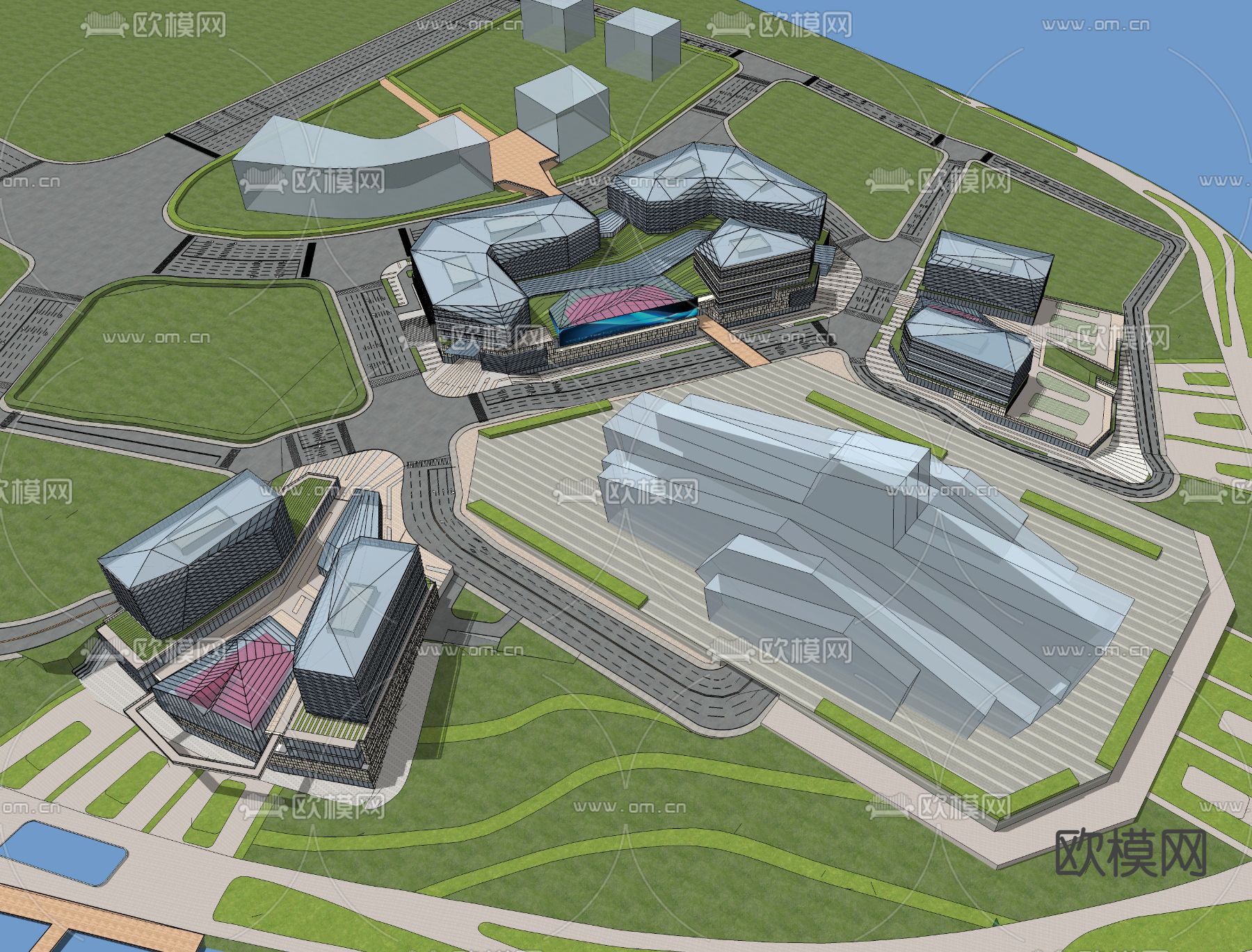 现代商业街su模型下载（渲染图2）