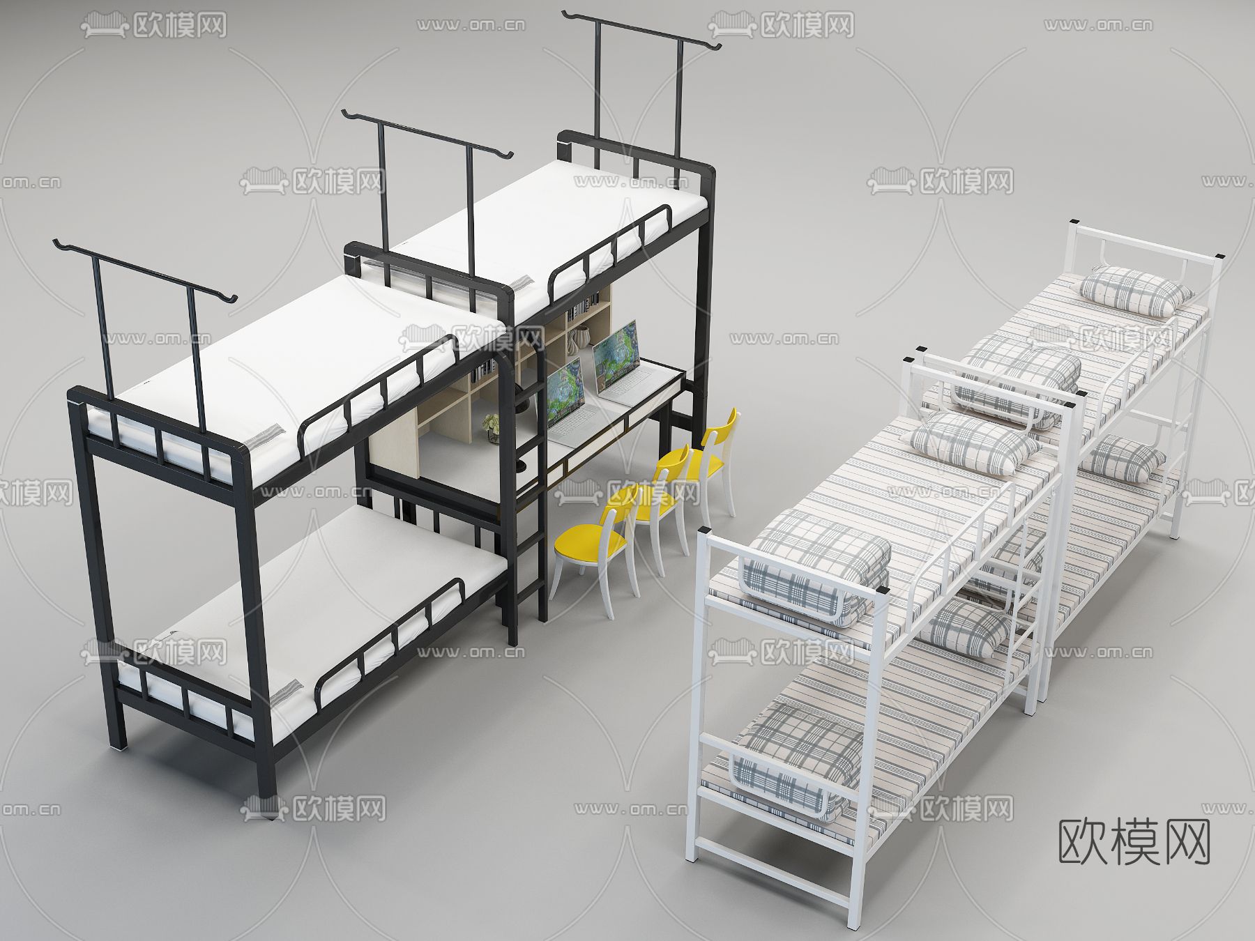现代上下铺宿舍单人床3d模型下载