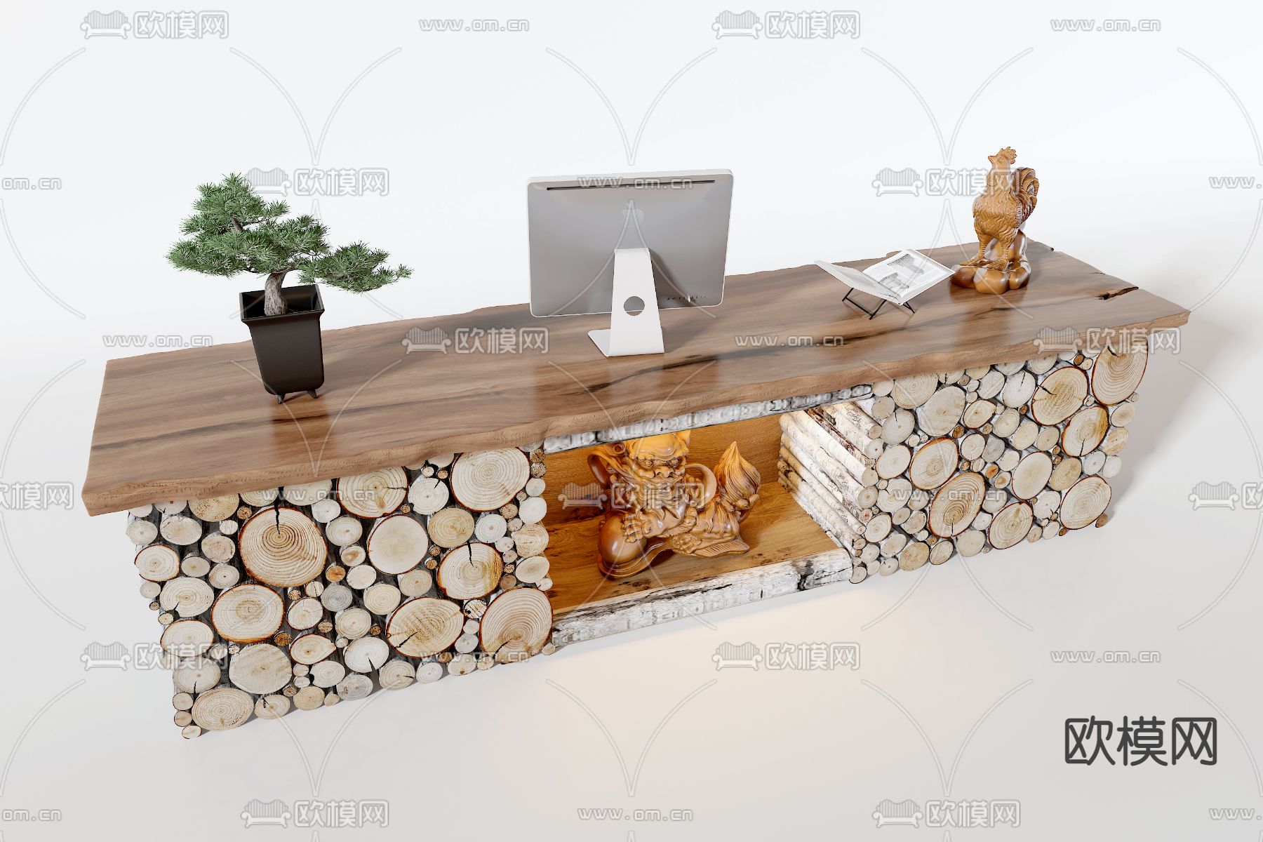 自然风木柴堆接待台收银台3d模型下载（渲染图2）