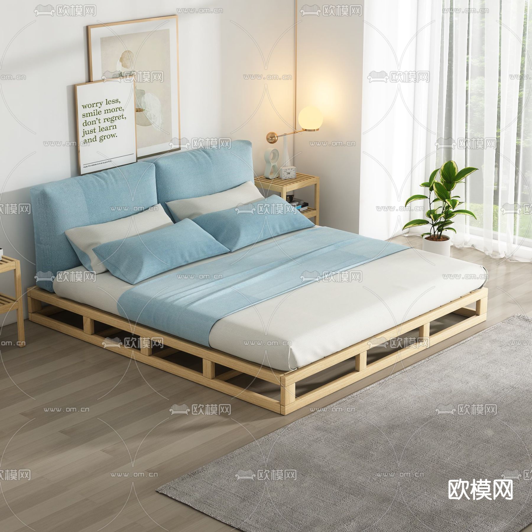 日式实木双人床3d模型下载（渲染图1）