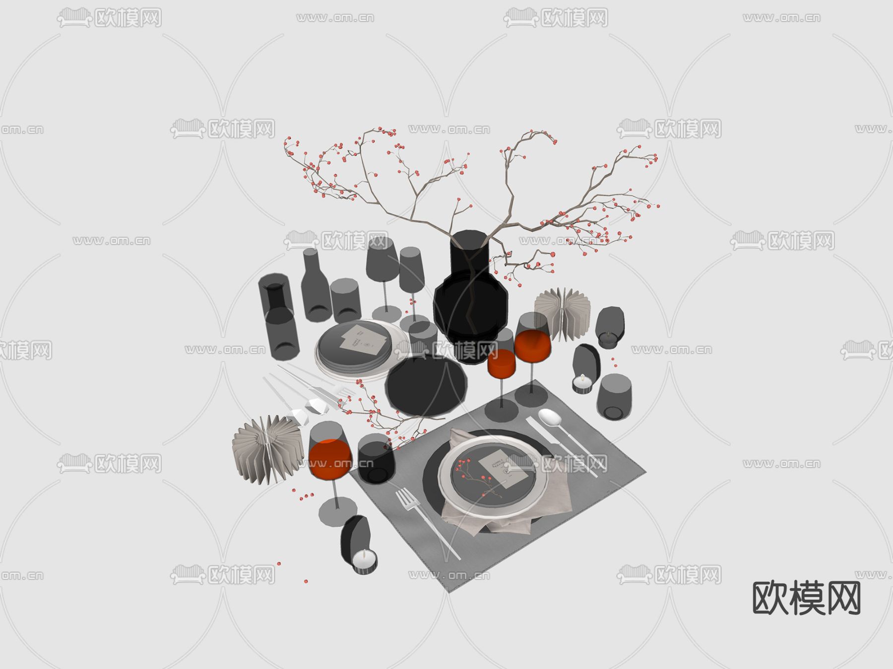 现代玻璃器皿餐盘餐具su模型下载（渲染图2）