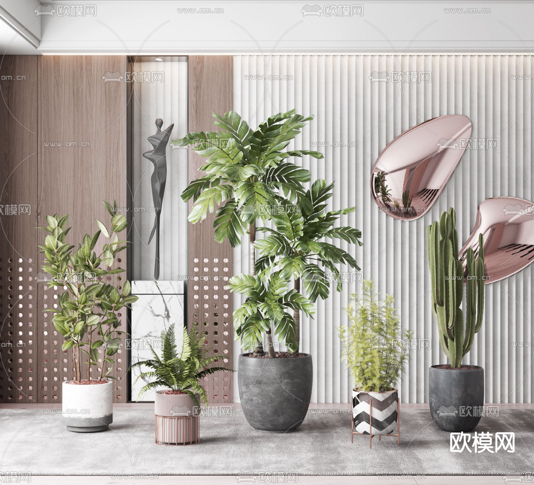 仙人掌散尾葵绿植盆栽3d模型下载_ID12035923_3dmax免费模型-欧模网