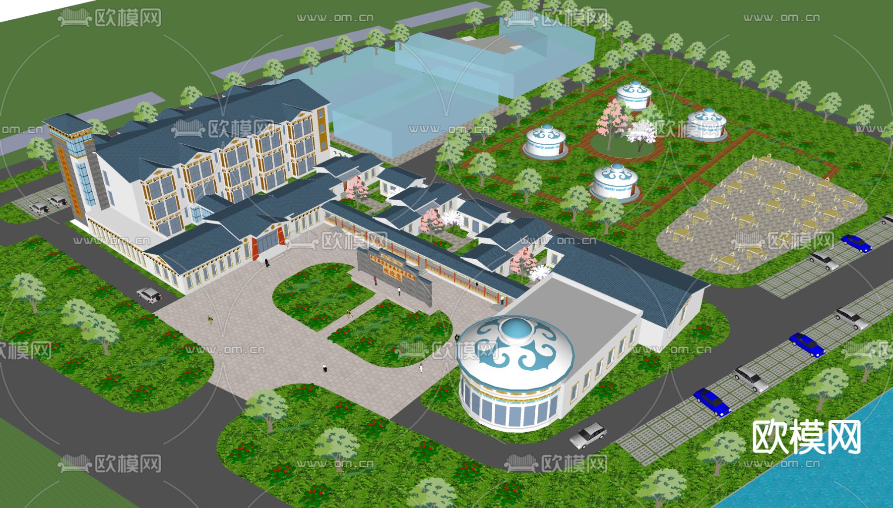 现代蒙古民族风度假村鸟瞰su模型下载