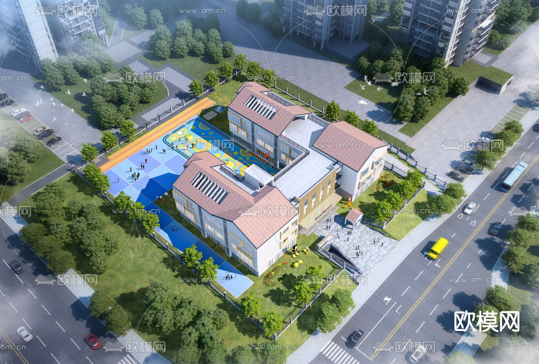 现代幼儿园鸟瞰3d模型下载_ID12036226_3dmax免费模型-欧模网