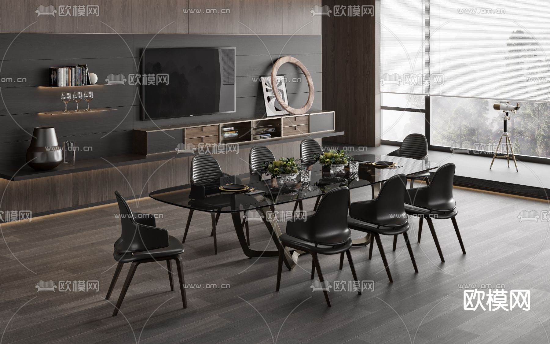 minotti现代高级灰餐桌椅3d模型下载（渲染图1）