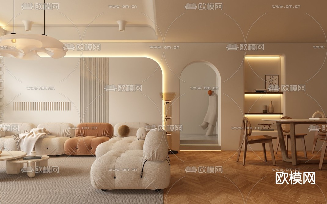侘寂奶油风客厅3d模型下载_ID12035750_3dmax免费模型-欧模网