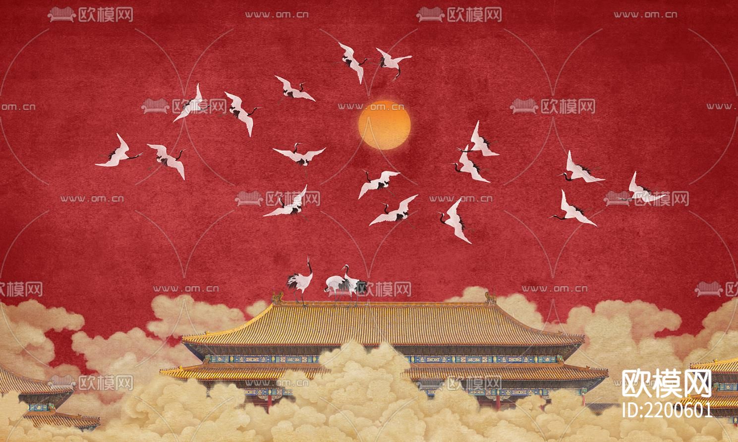 新中式故宫红飞鹤宫廷风壁画
