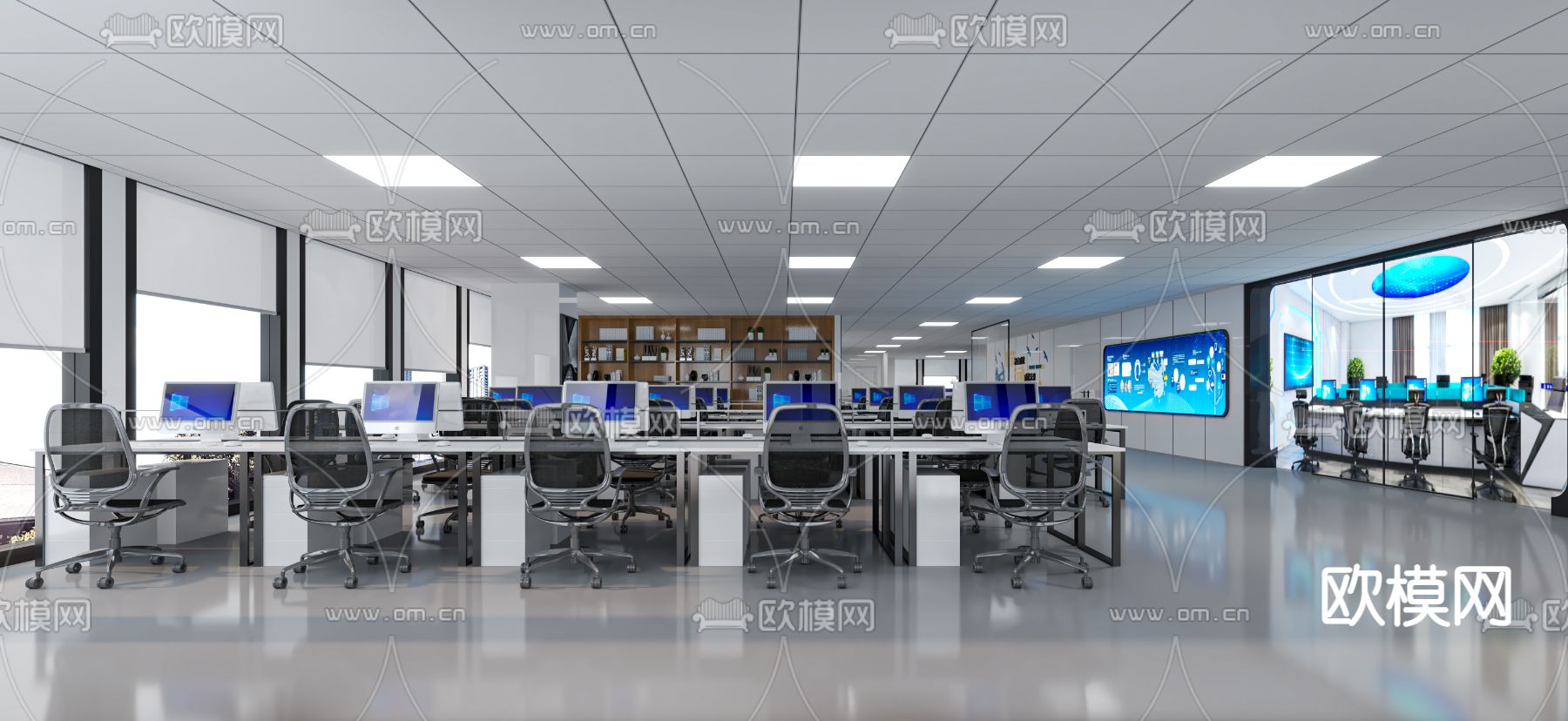 现代开放式办公区3d模型下载（渲染图1）