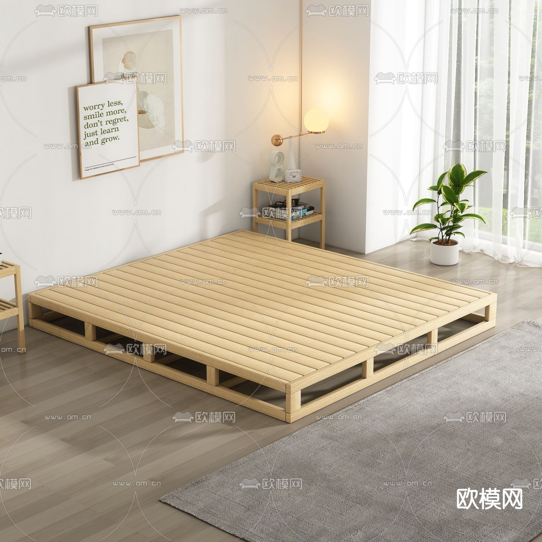 日式实木双人床3d模型下载（渲染图2）