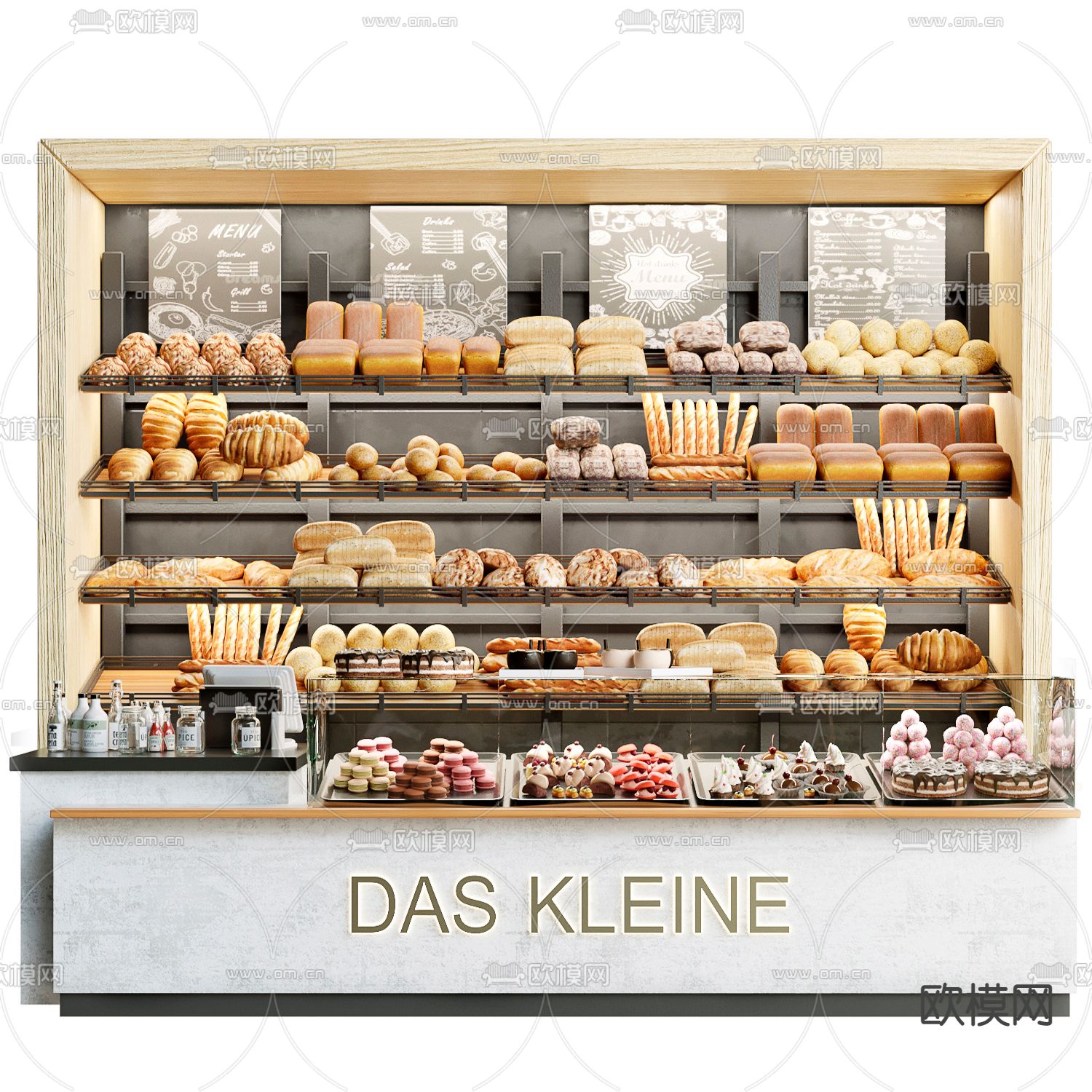 现代面包咖啡蛋糕展示架3d模型下载