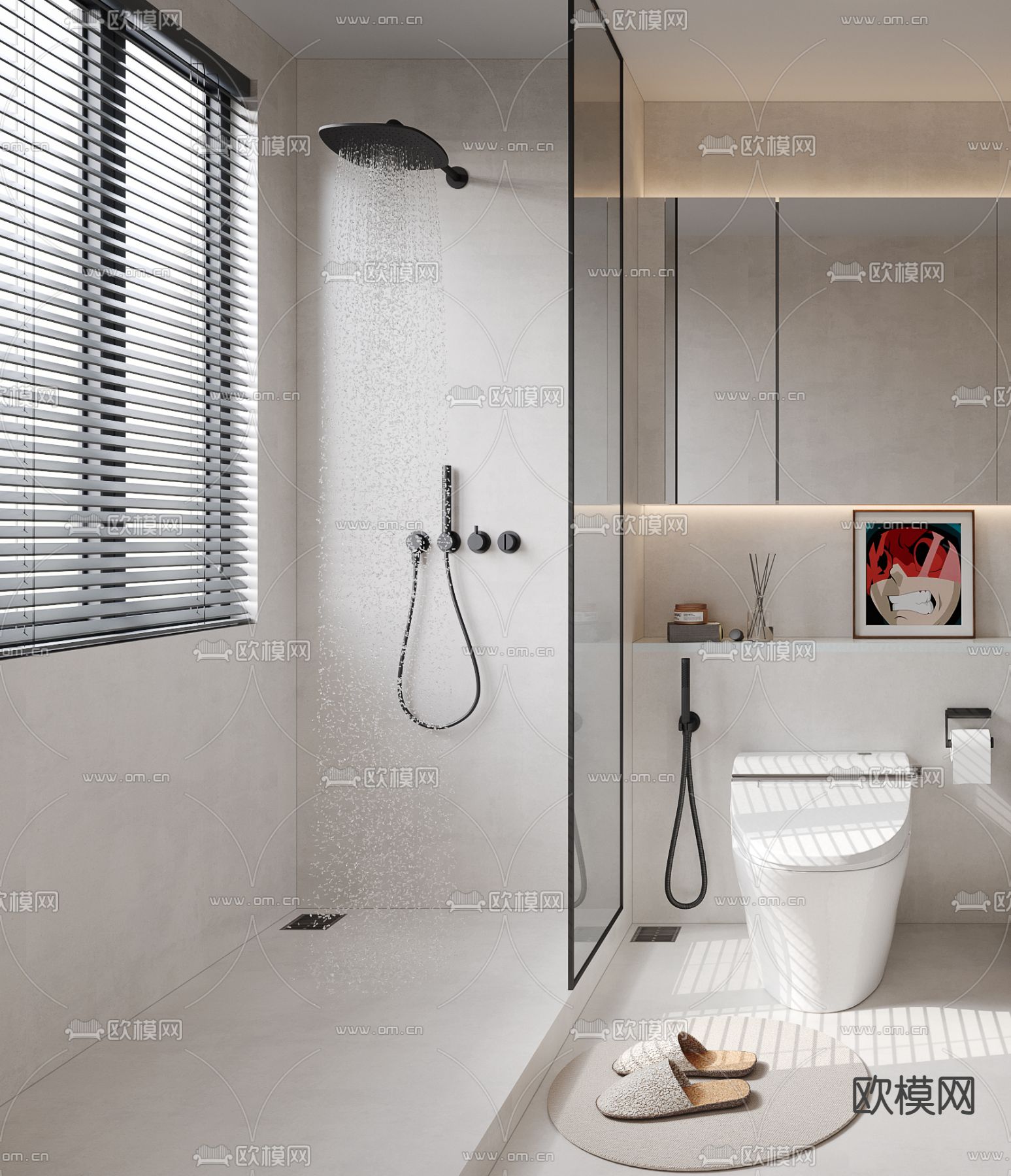 奶油风卫生间浴室3d模型下载（渲染图2）