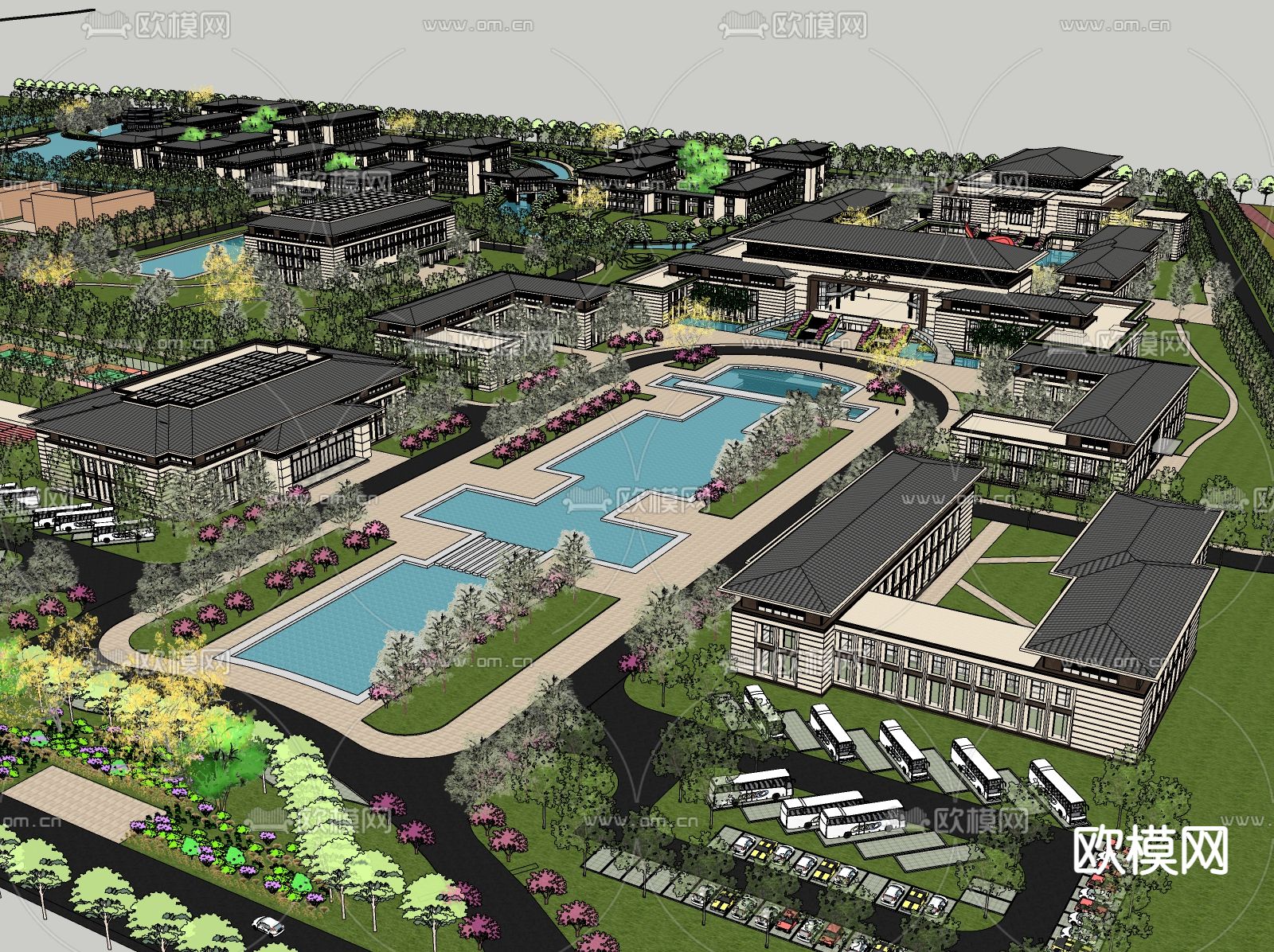 新中式学校鸟瞰规划su模型下载（渲染图2）