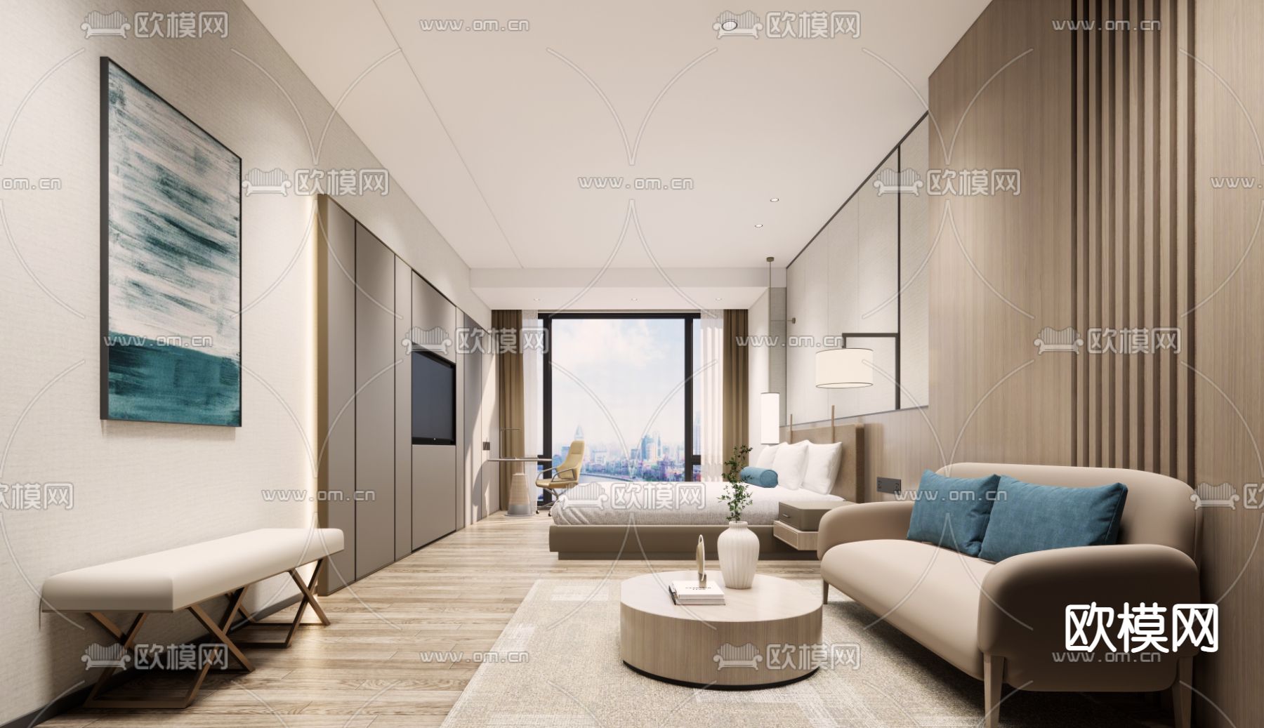 现代酒店客房su模型下载（渲染图1）