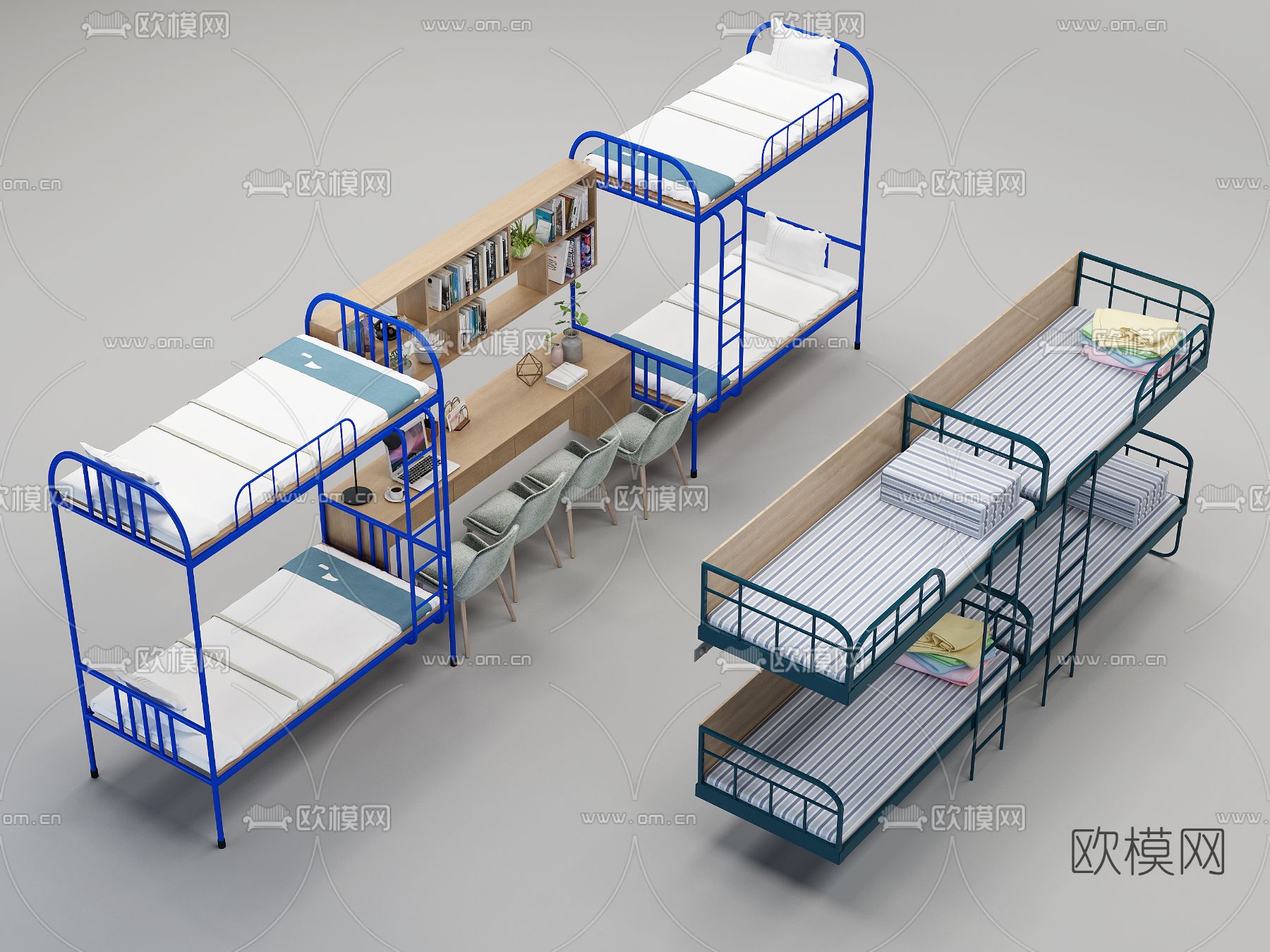 现代上下铺宿舍单人床3d模型下载_ID12035471_3dmax免费模型-欧模网