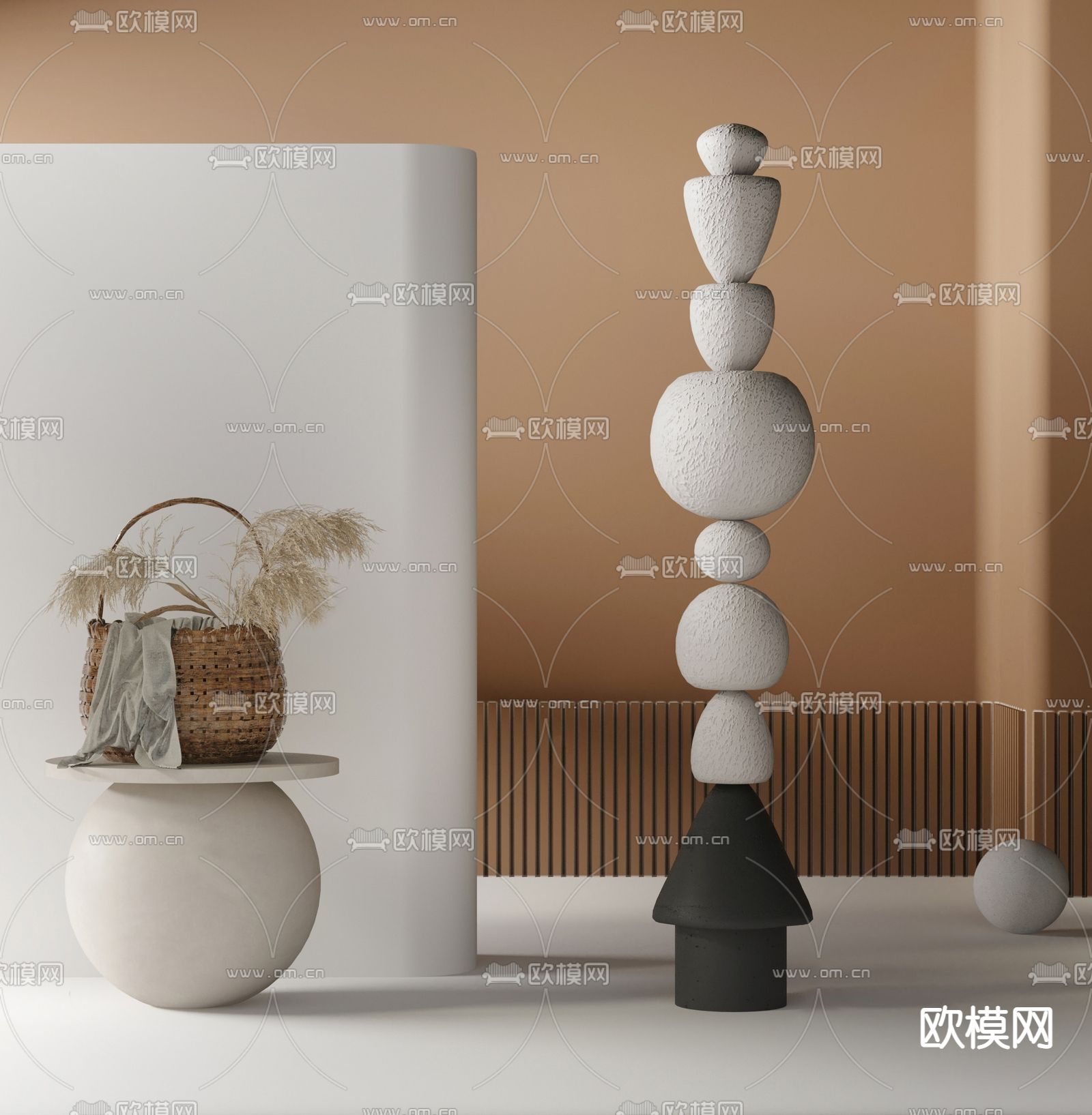 侘寂风石头雕塑摆件su模型下载（渲染图1）