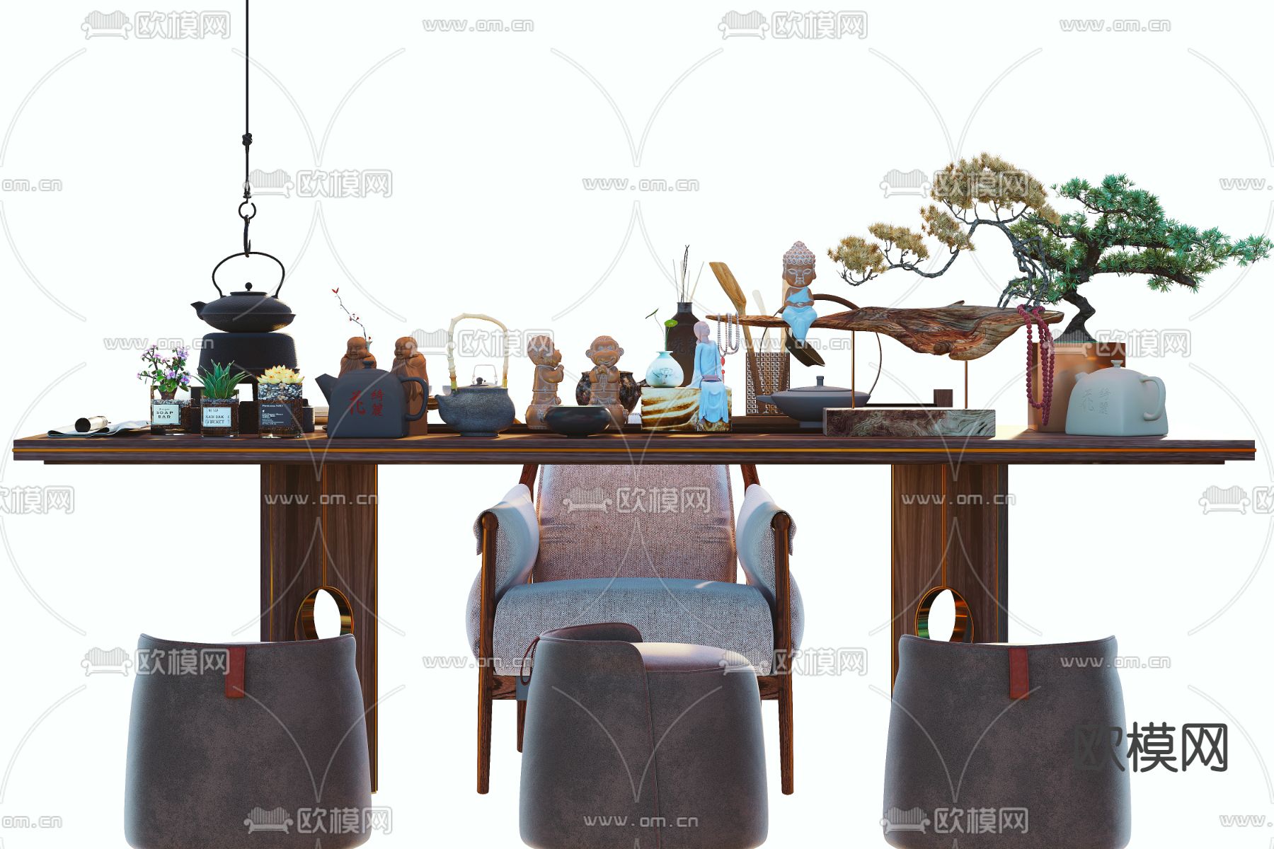 新中式实木茶桌椅3d模型下载（渲染图2）