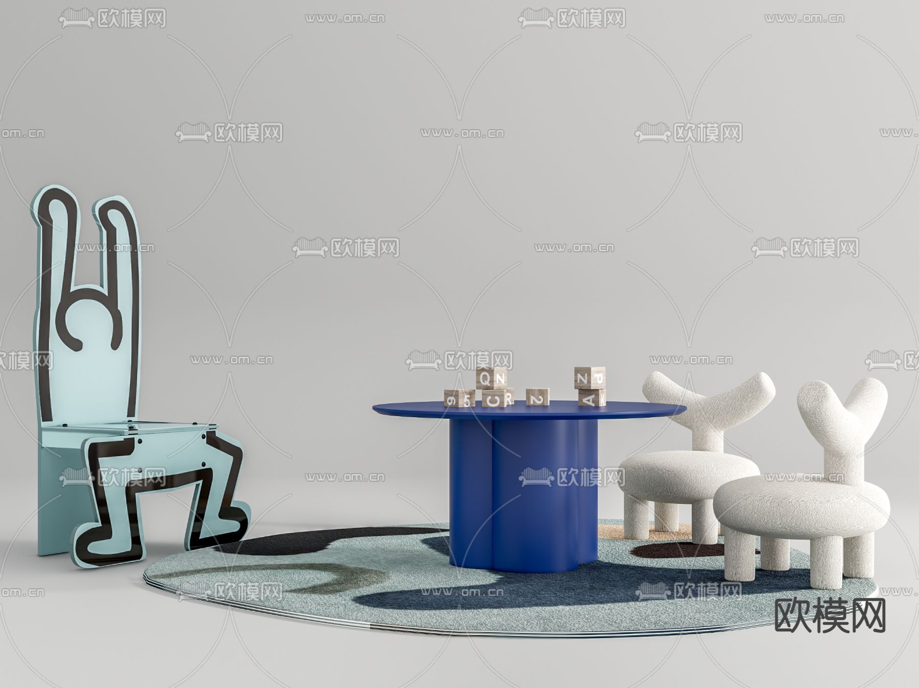 现代圆形儿童桌椅su模型下载（渲染图1）