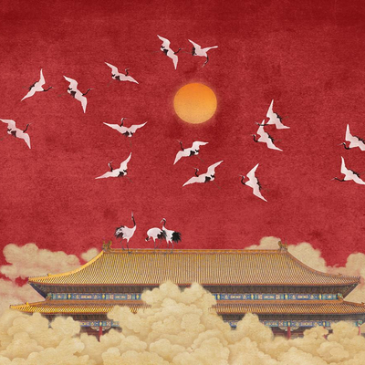 新中式故宫红飞鹤宫廷风壁画