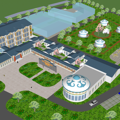  现代蒙古民族风度假村鸟瞰su模型 