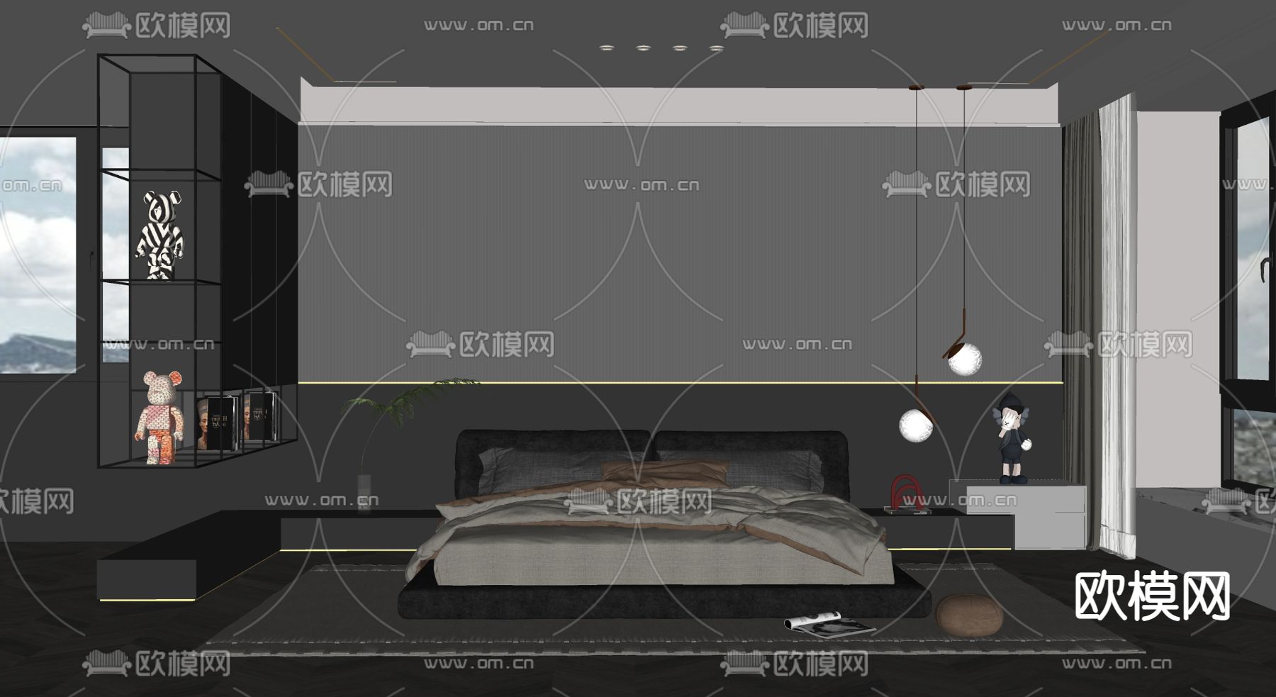 现代高级灰卧室su模型下载（渲染图2）