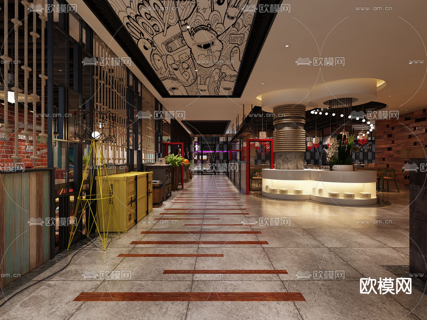 工业风自助餐厅免费3d模型下载（渲染图1）