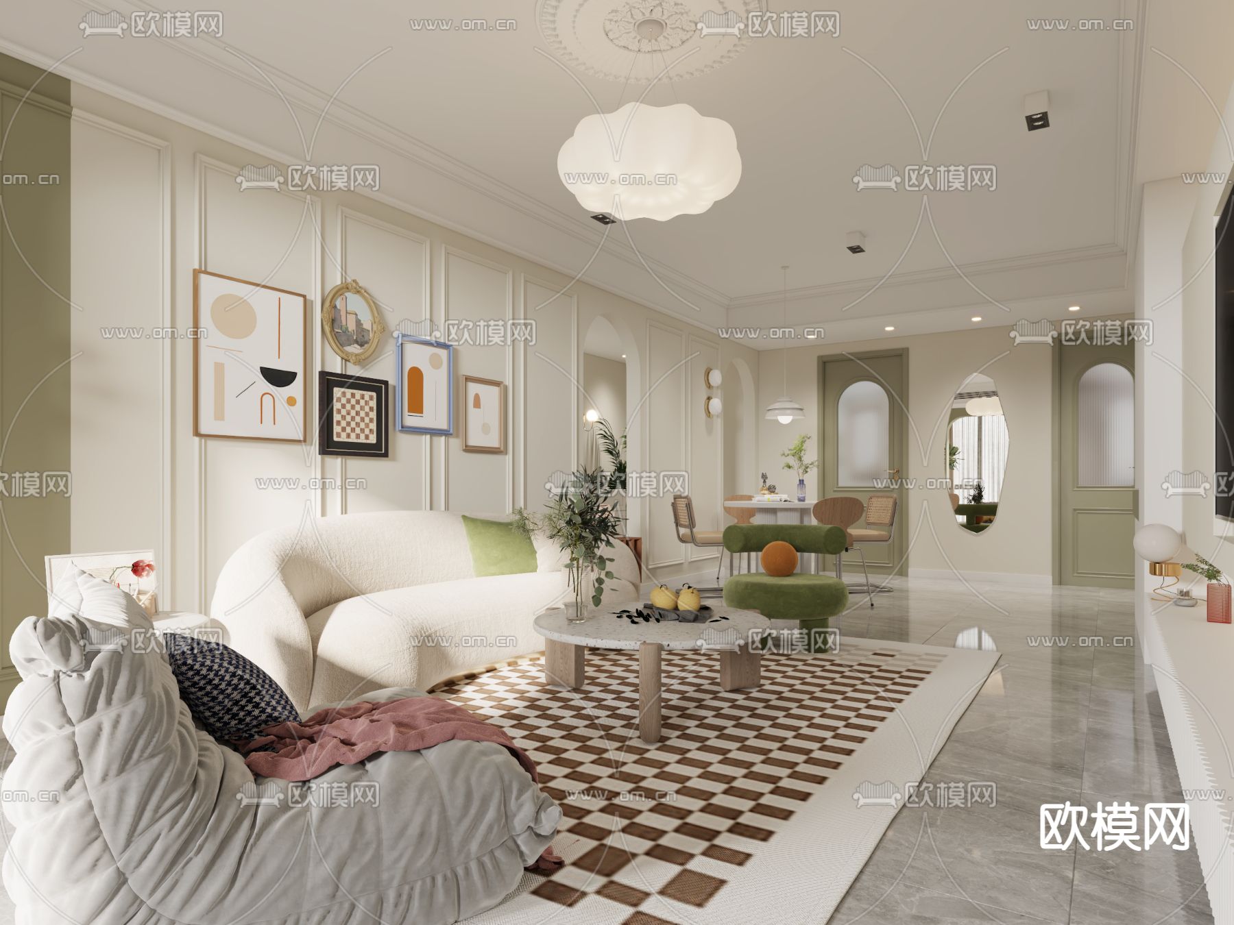 奶油风客餐厅3d模型下载（渲染图4）