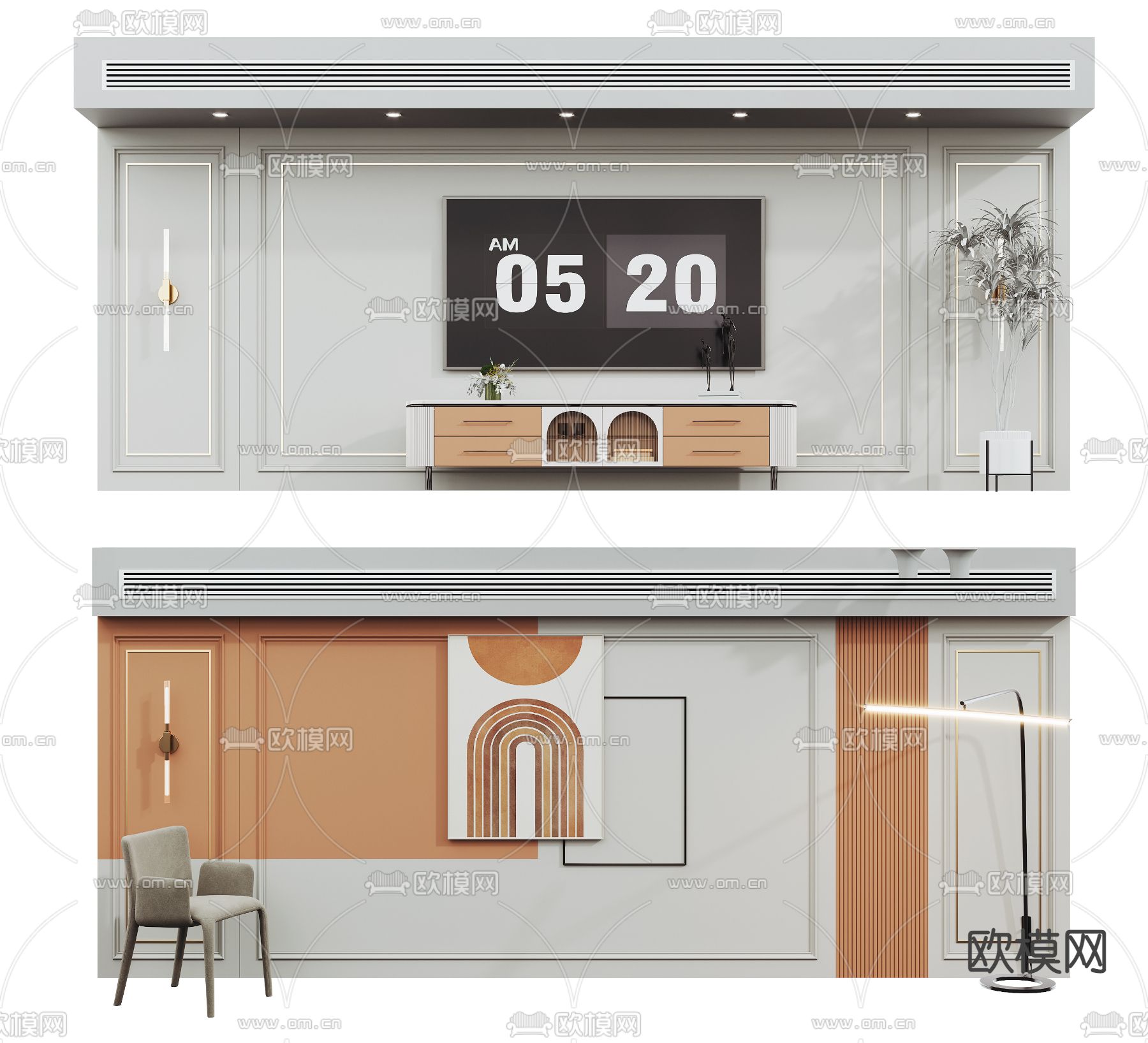 美式电视背景墙su模型下载（渲染图1）
