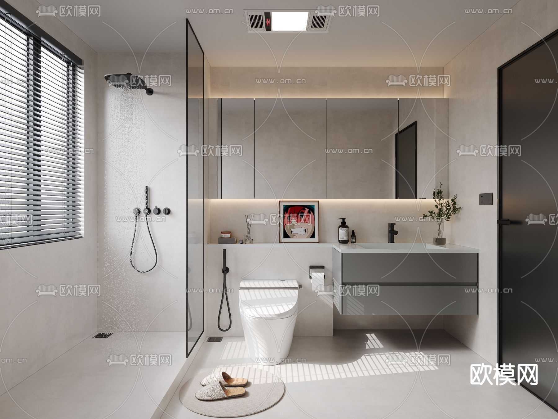 奶油风卫生间浴室3d模型下载（渲染图1）
