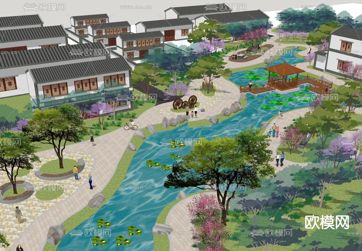 新中式乡村建筑鸟瞰su模型下载