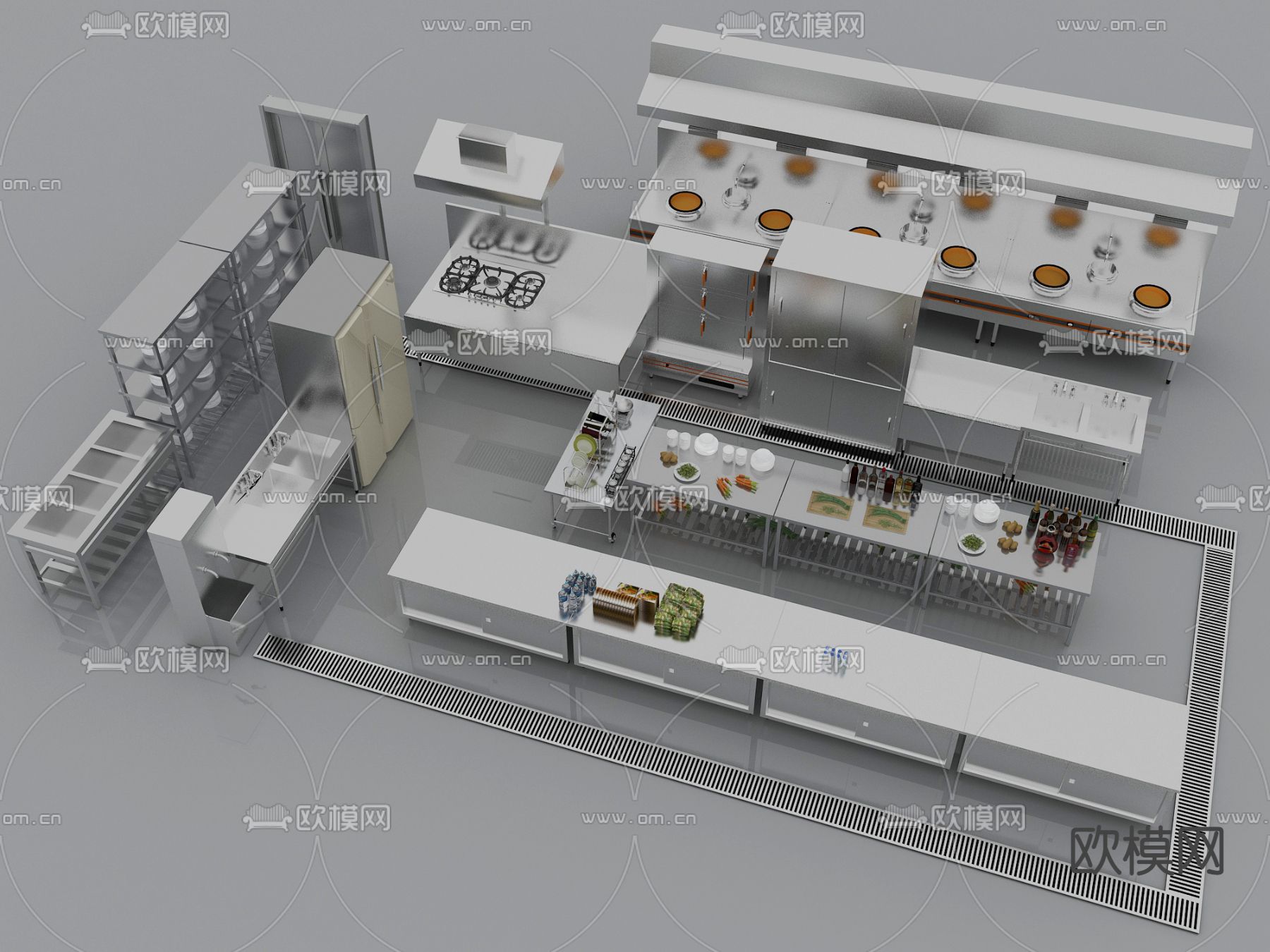 现代餐饮后厨设备器材su模型下载（渲染图1）
