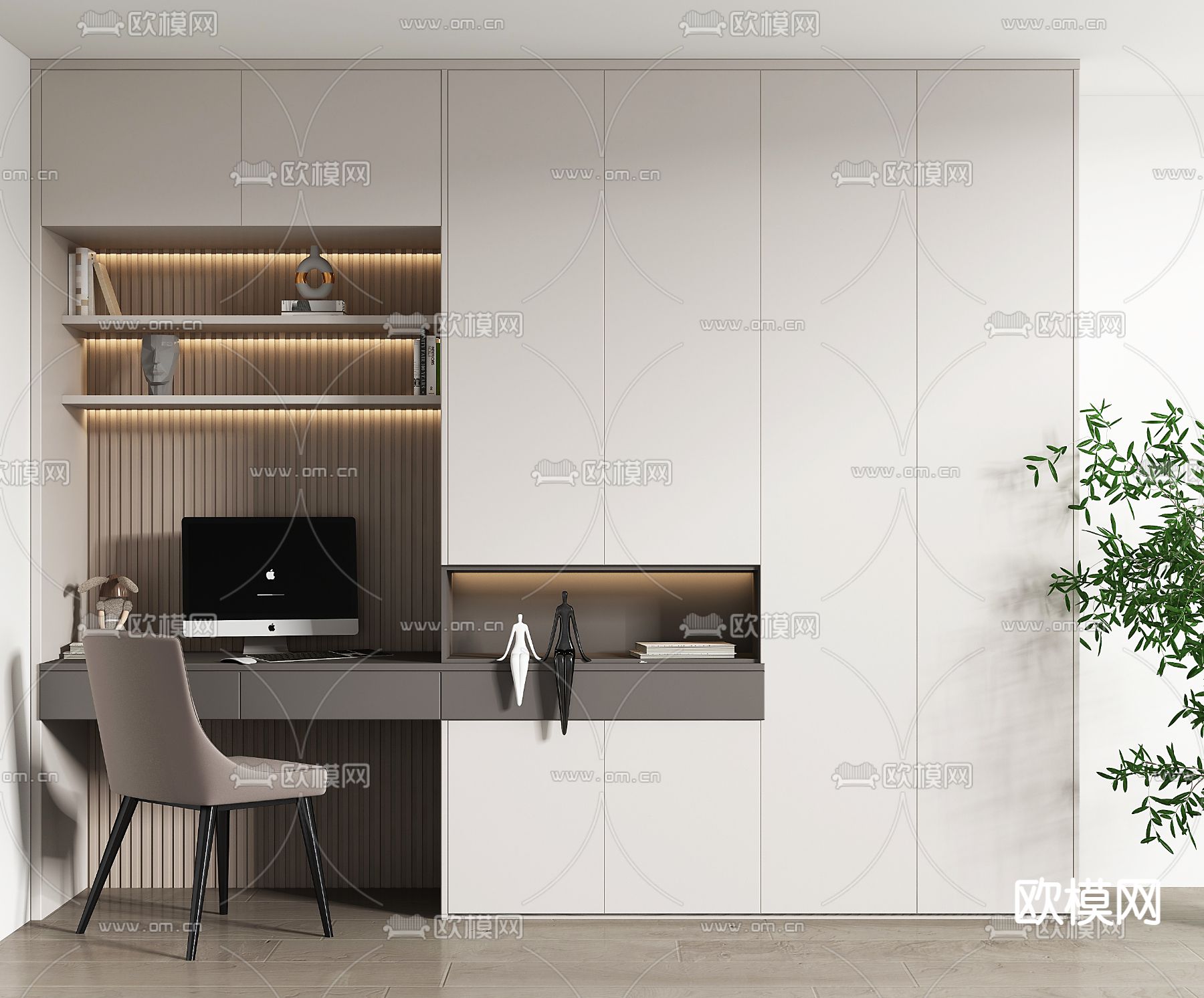 现代一体式书桌椅3d模型下载