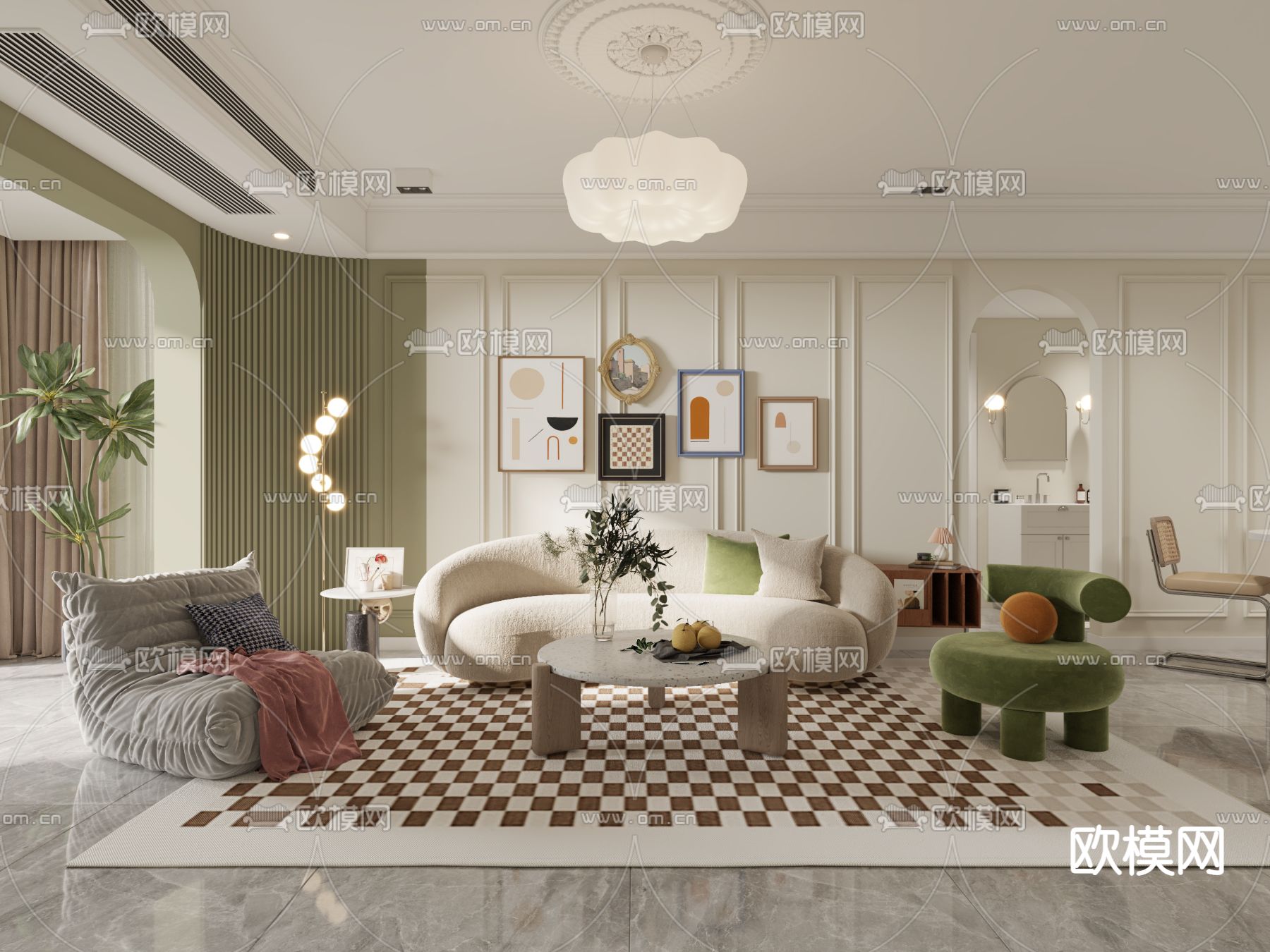 奶油风客餐厅3d模型下载（渲染图1）