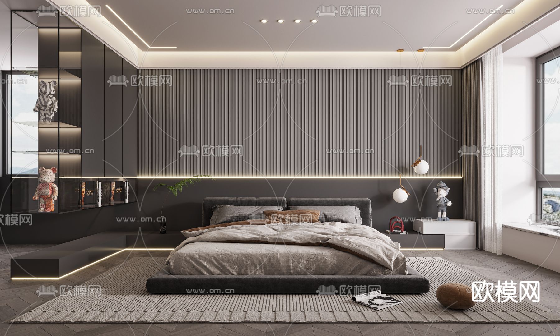 现代高级灰卧室su模型下载（渲染图1）