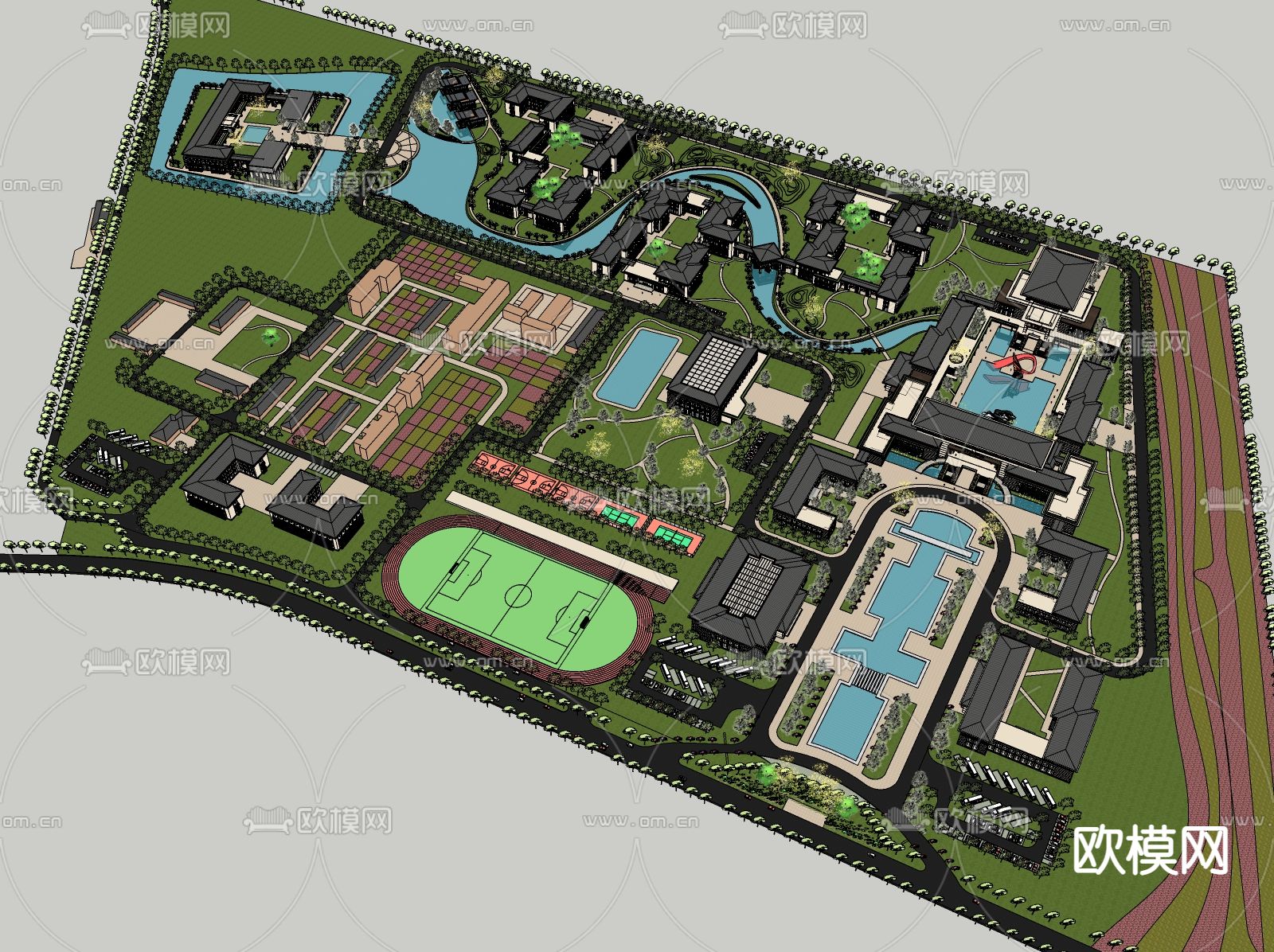 新中式学校鸟瞰规划su模型下载（渲染图1）