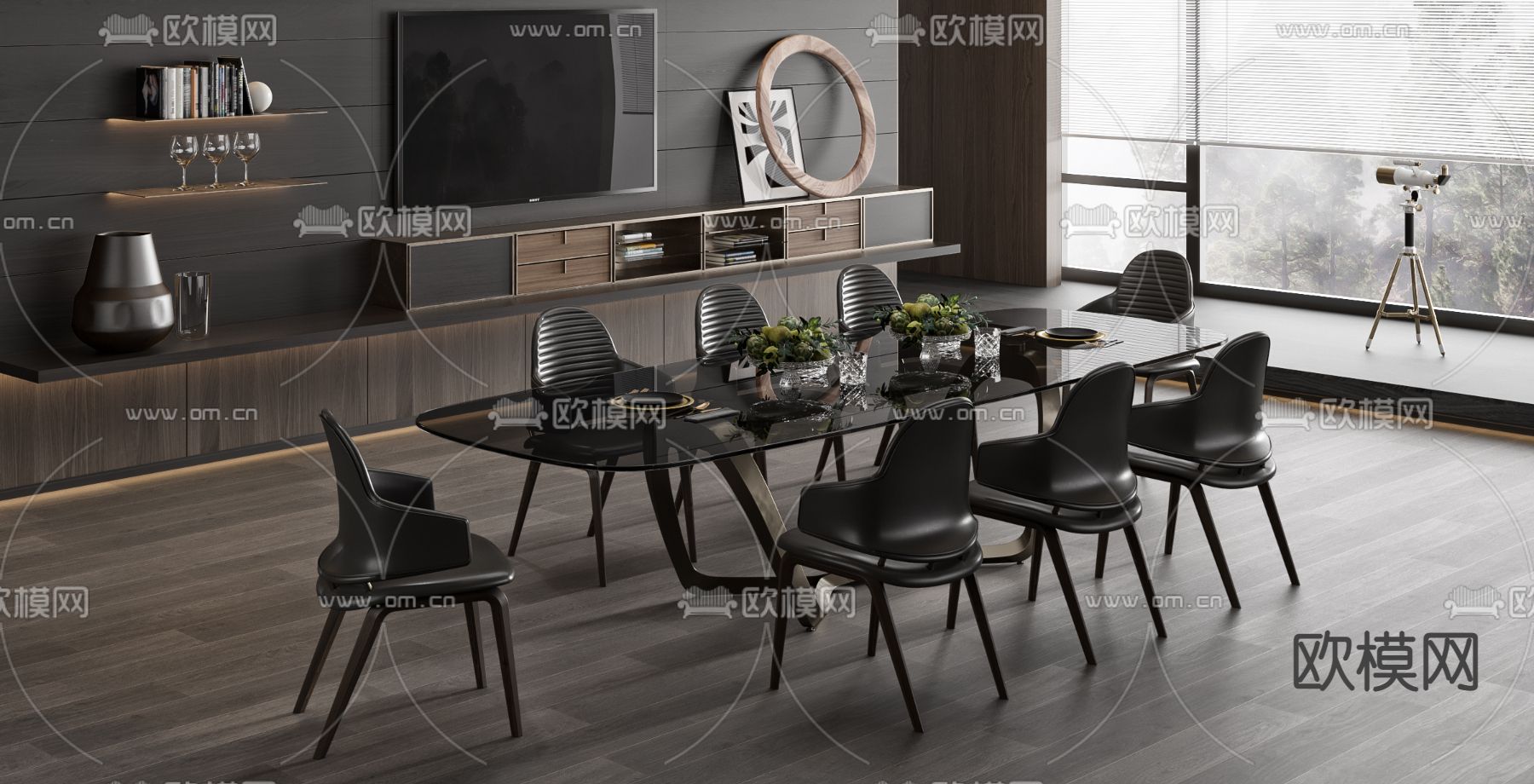 minotti现代高级灰餐桌椅3d模型下载（渲染图2）