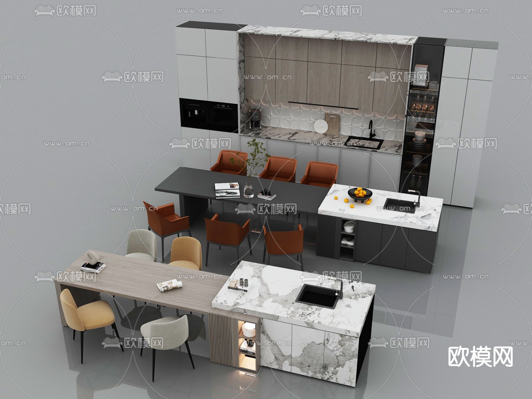 现代中岛台餐桌椅组合su模型下载_ID12036528_sketchup模型下载-欧模网