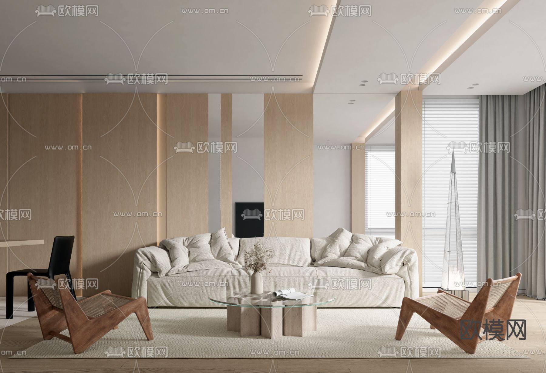 现代奶油风客厅3d模型下载_ID12036621_3dmax免费模型-欧模网