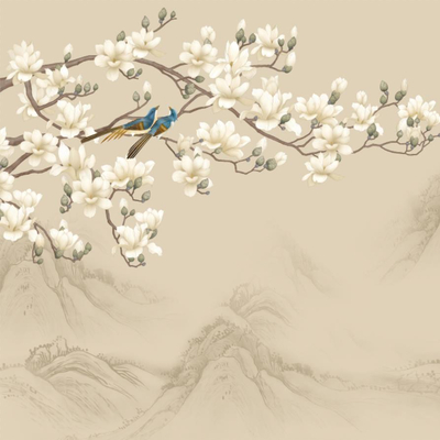 新中式玉兰花鸟墙纸墙画 